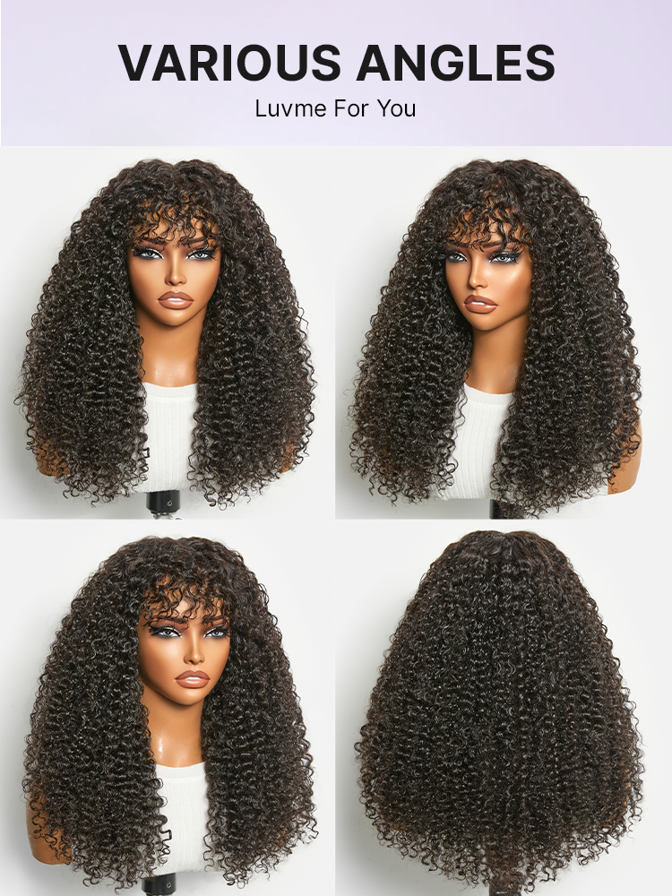 Luvme Hair beginner-friendly kinky curly 200% density glueless 5x5 lace closure wig with bangs, suitable for all head sizes.