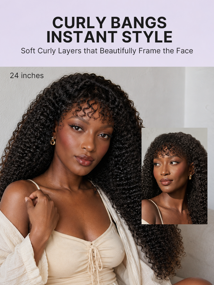 Luvme Hair kinky curly 200% density glueless lace wig with bangs, pre-cut 5x5 closure, suitable for all head sizes