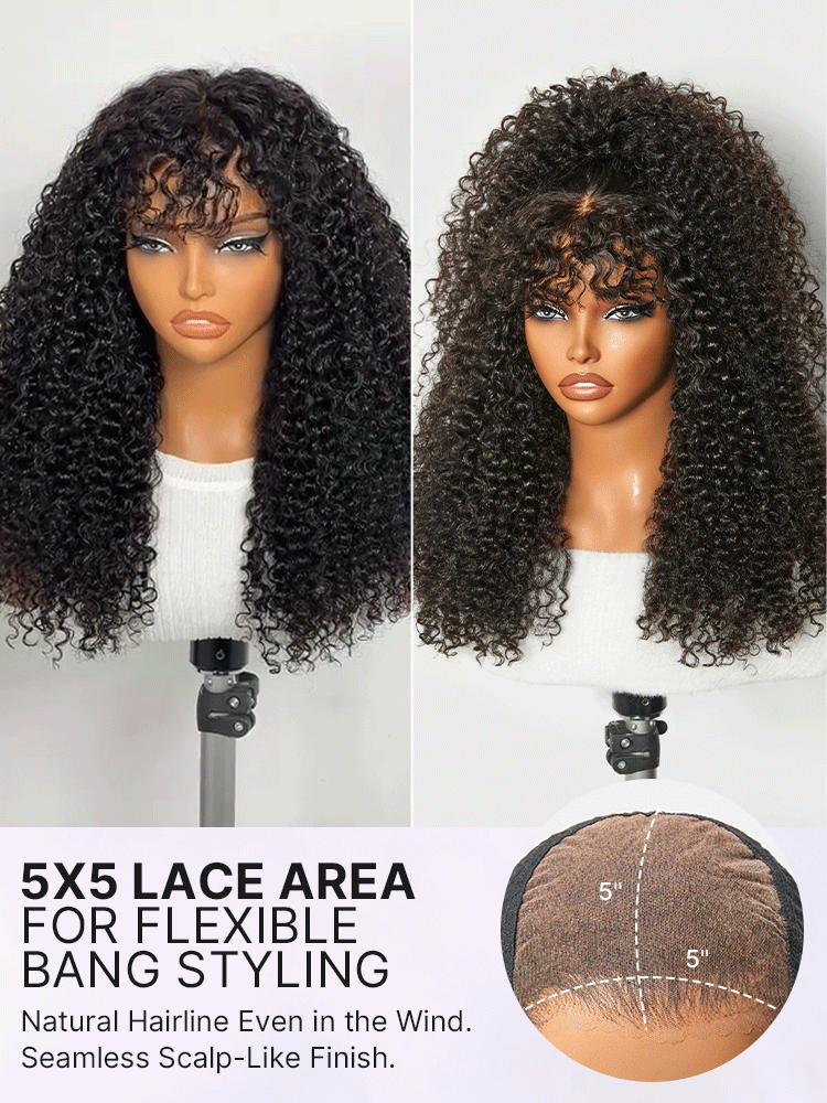 Luvme Hair beginner-friendly 200% density kinky curly lace wig with bangs, glueless 5x5 closure, fits all head sizes