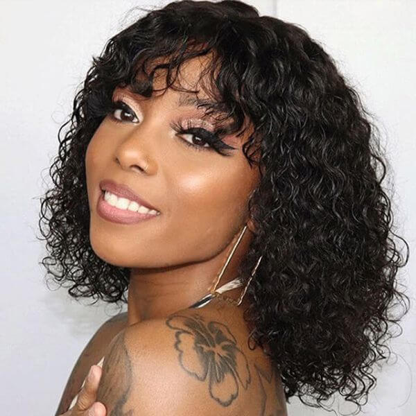 Luvme water wave curly lace glueless short wig with bangs, beginner-friendly, minimalistic, and natural-looking for versatile styling