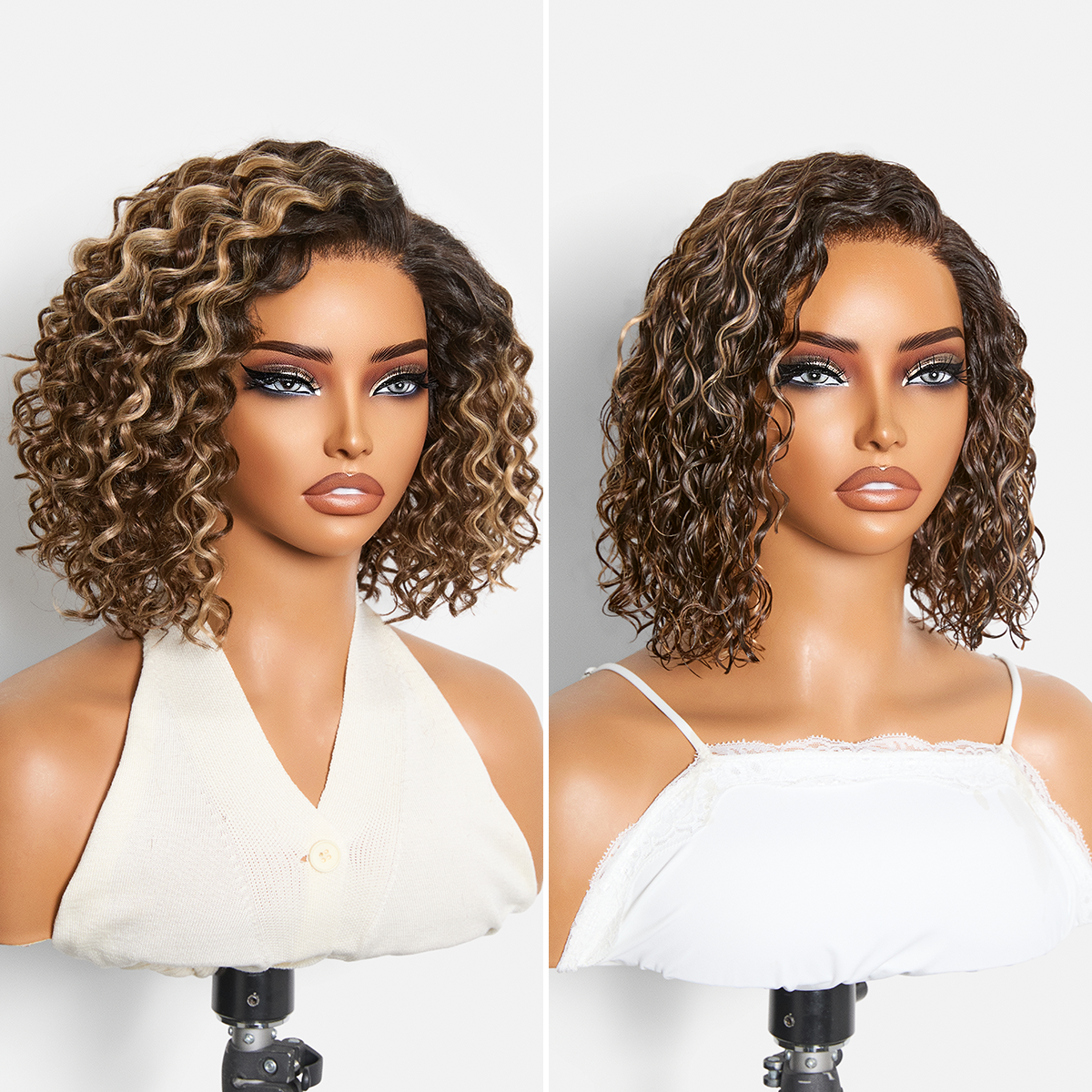 Luvme Hair blonde to black ombre water wave short curly bob wig with pre-cut HD lace, glueless, natural black and brown shades