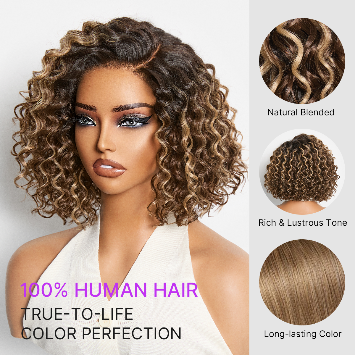 Luvme Hair blonde highlight and black ombre water wave short curly bob wig with pre-cut HD lace, glueless, natural look.