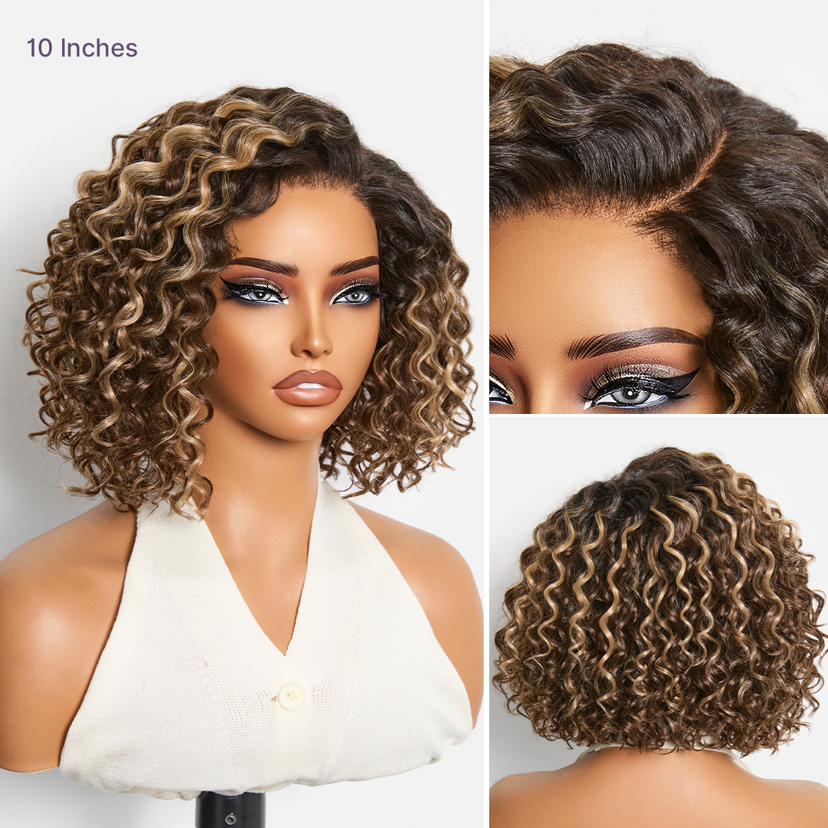Luvme Hair blonde highlight and black ombre water wave short curly bob wig with HD lace and pre-cut lace, glueless style.