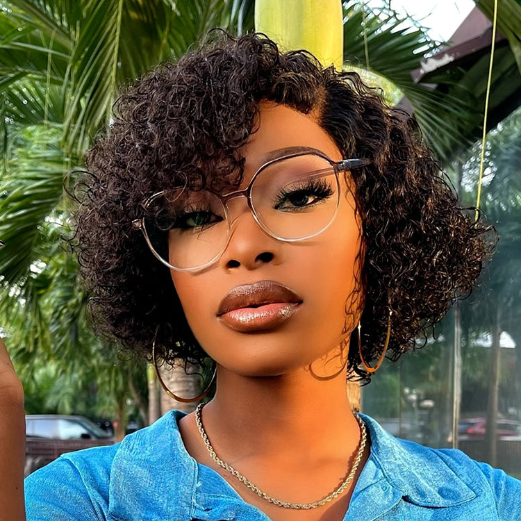 Luvme short cut curly HD lace glueless side part wig with 100% human hair and pre-cut lace, minimalist and trendy hairstyle.