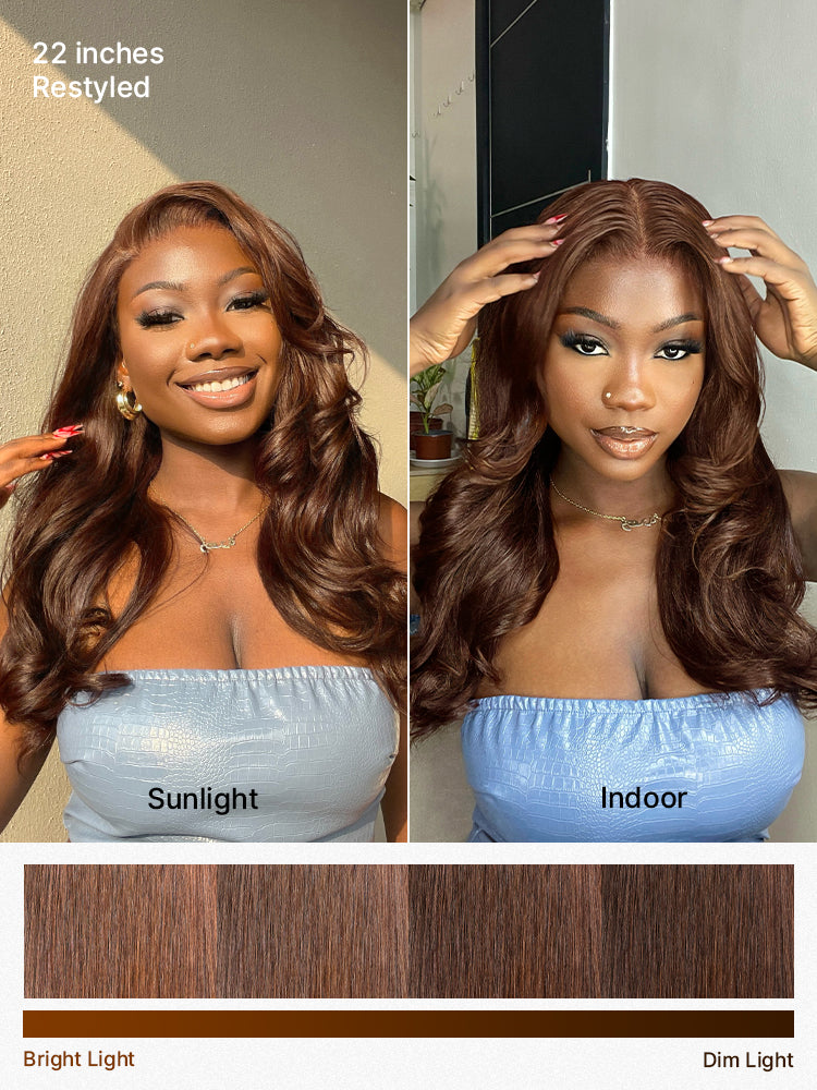 Luvme Hair rich chocolate brown silky straight 13x4 lace frontal wig with pre-cut lace and 180% density, glueless style.