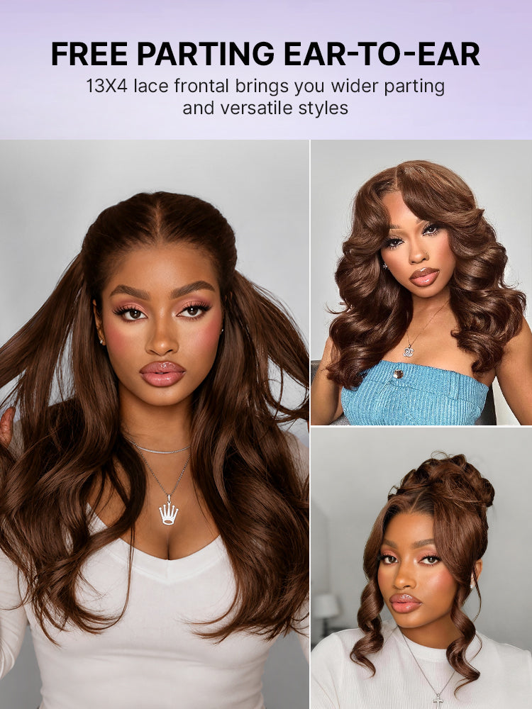 Luvme Hair chocolate brown silky straight 13x4 lace frontal wig with 180% density and pre-cut glueless lace front.