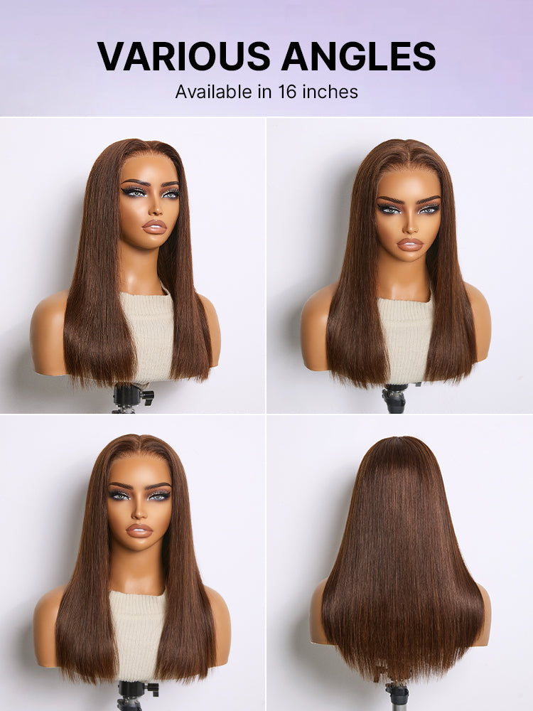 Luvme Hair rich chocolate brown silky straight 13x4 lace frontal wig with pre-cut lace and 180% density, glueless style.