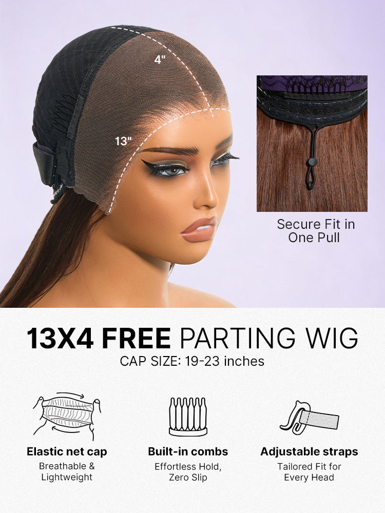 Luvme Hair rich chocolate brown silky straight 13x4 lace frontal wig with 180% density and pre-cut lace, glueless installation.