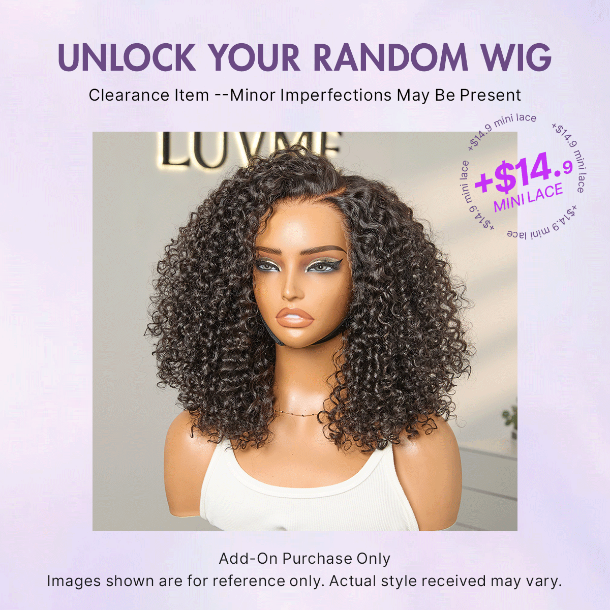 Luvme Hair random curly lace wig add-on in 6-16 inches, showcasing natural curly texture and minimalist lace design.