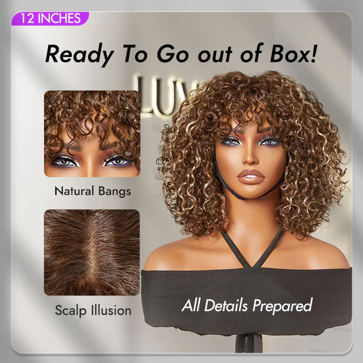 Luvme Hair ash blonde curly lace wig with water wave style, bangs, minimalist design, glueless true scalp for beginners.