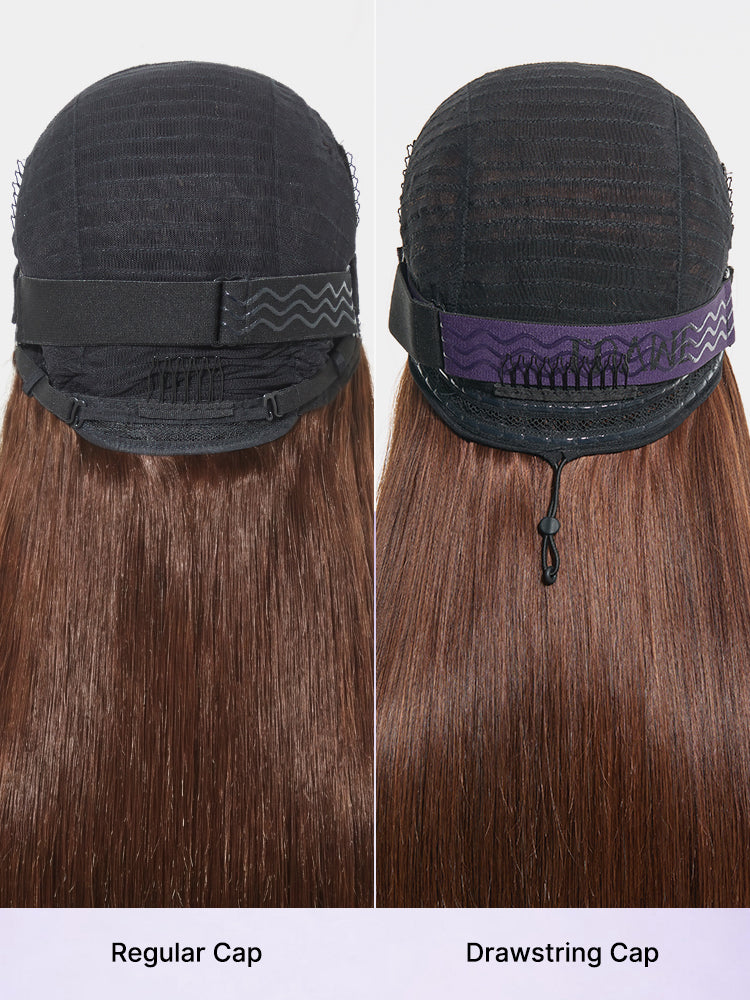Rich chocolate brown Luvme Hair silky straight 13x4 lace frontal wig with pre-cut lace and 180% density, glueless style.