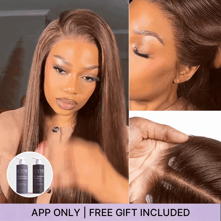 Luvme Hair rich chocolate brown silky straight 13x4 lace frontal wig with pre-cut glueless lace, 180% density, and natural hairline.