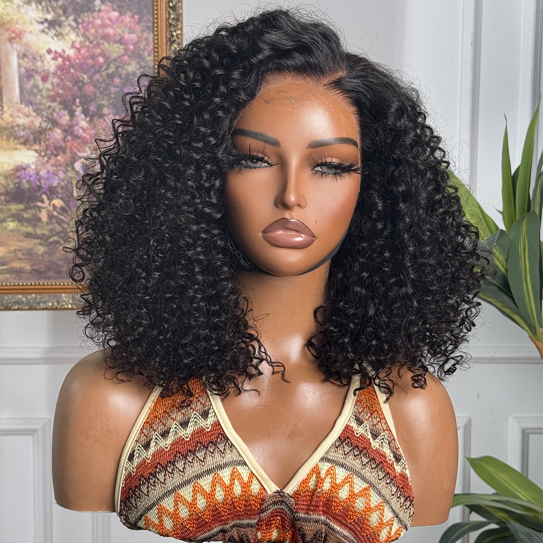 Luvme 18-inch curly lace front wig with ear-to-ear T lace, plus 6-inch minimalist pixie cut HD glueless wig on a mannequin head