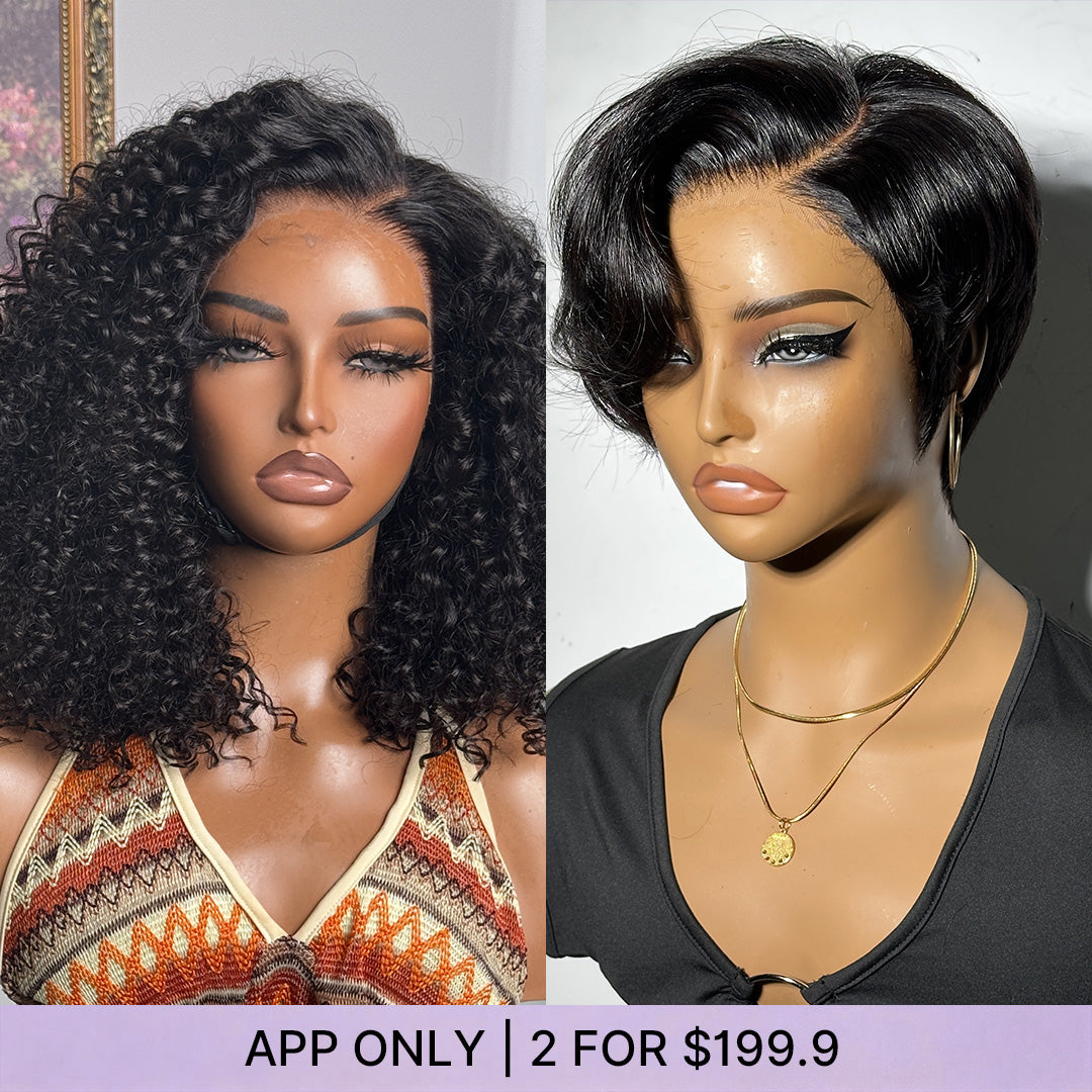 Luvme 18-inch curly lace front wig with ear-to-ear T lace, plus 6-inch minimalist pixie cut HD lace glueless wig on a model.