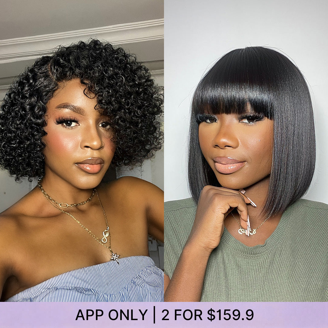Luvme 8-inch curly and 10-inch yaki straight minimalist lace wigs displayed on a mannequin head.