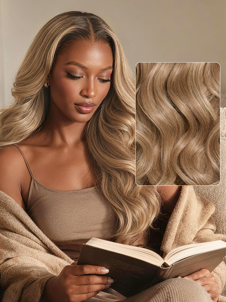 Luvme Hair honey blonde 13x4 HD lace frontal wig with 180% density and pre-cut lace, showcasing the body wave style.