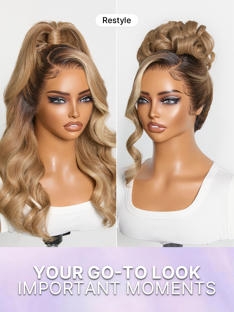 Luvme Hair honey blonde 13x4 frontal HD lace wig with 180% density, body wave texture, pre-cut lace, natural look