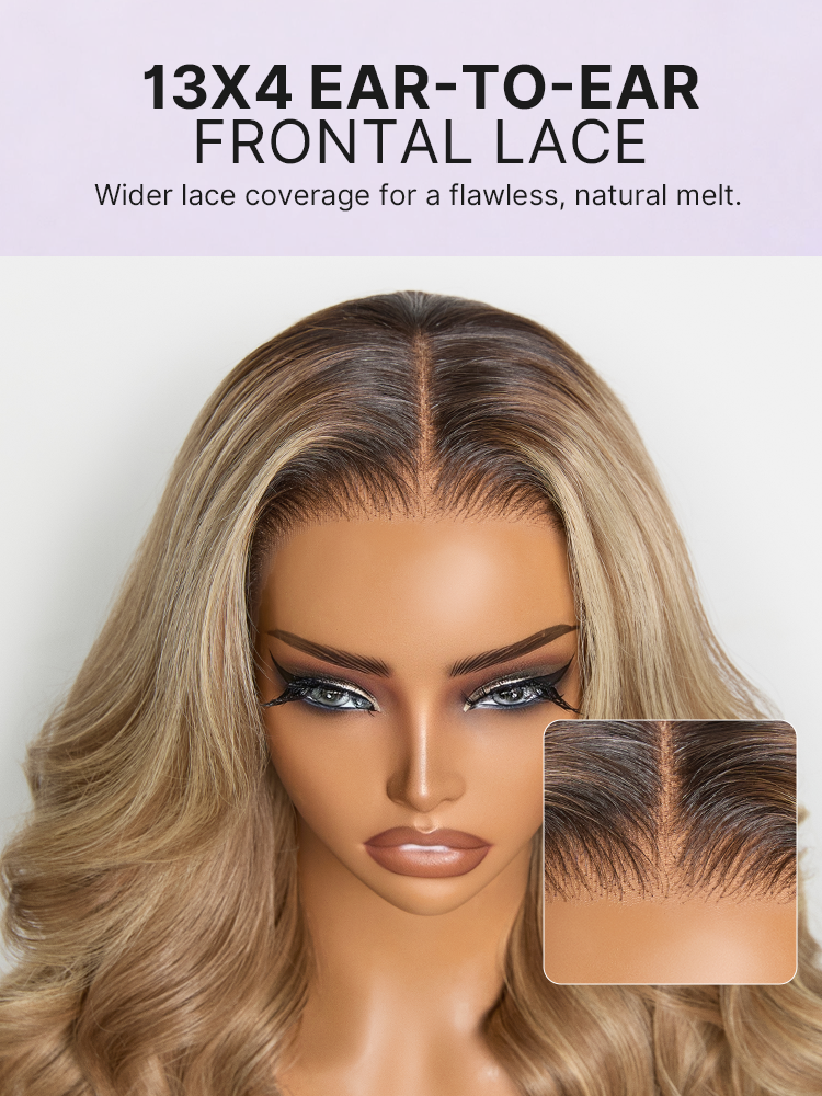 Luvme Hair 180% density honey blonde body wave 13x4 frontal HD lace wig with pre-cut lace and natural hairline.