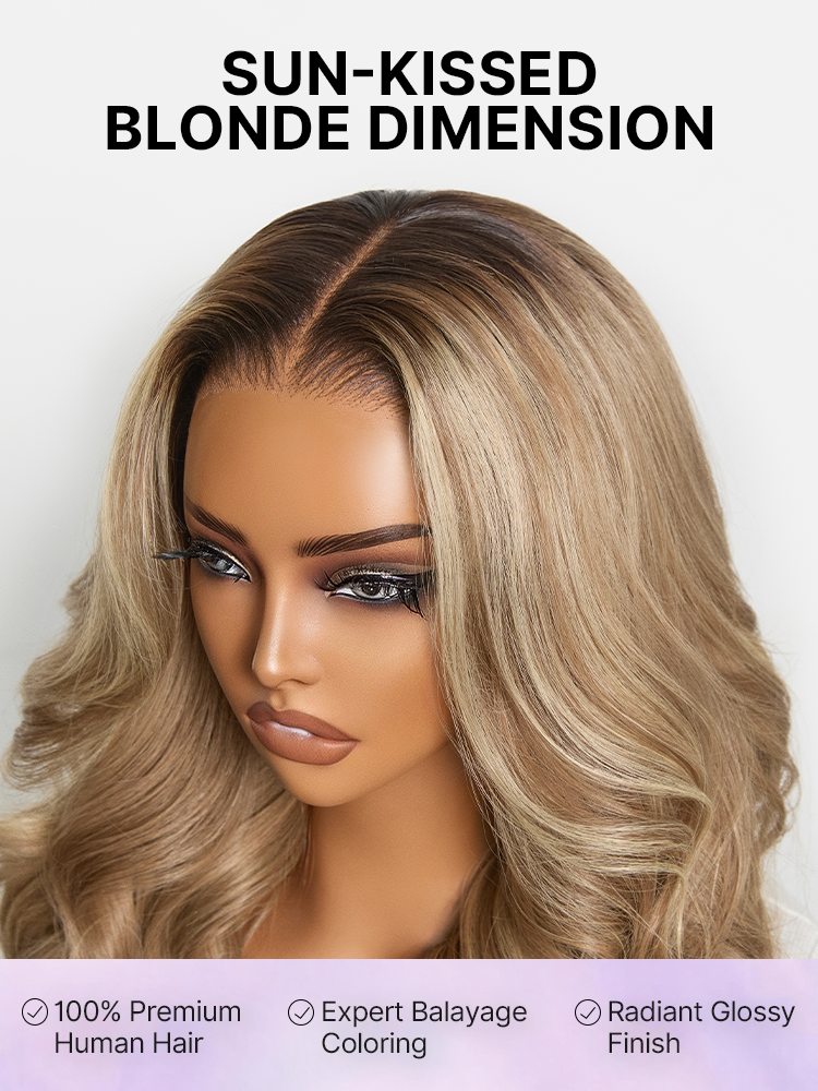 Luvme Hair honey blonde body wave 13x4 frontal HD lace wig with pre-cut lace, 180% density, natural hairline and styling options.