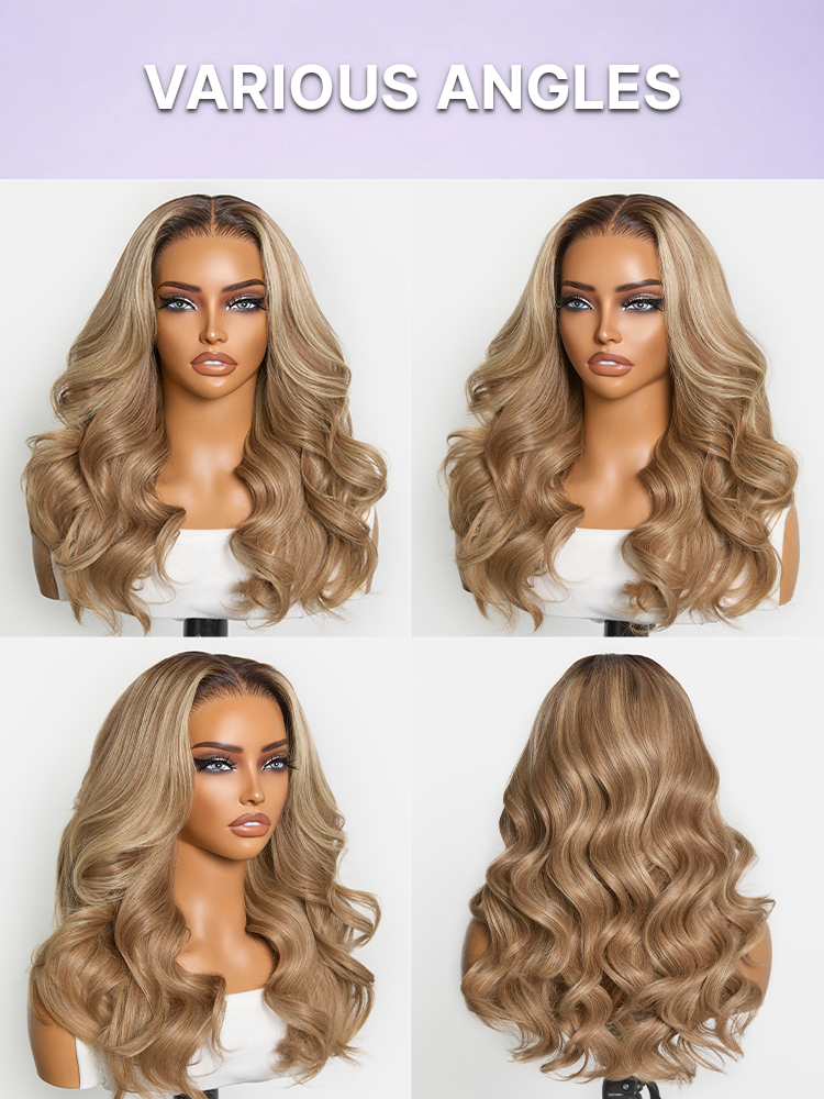 Luvme Hair honey blonde 13x4 body wave HD lace frontal wig with pre-cut lace, 180% density, and natural-looking hair.