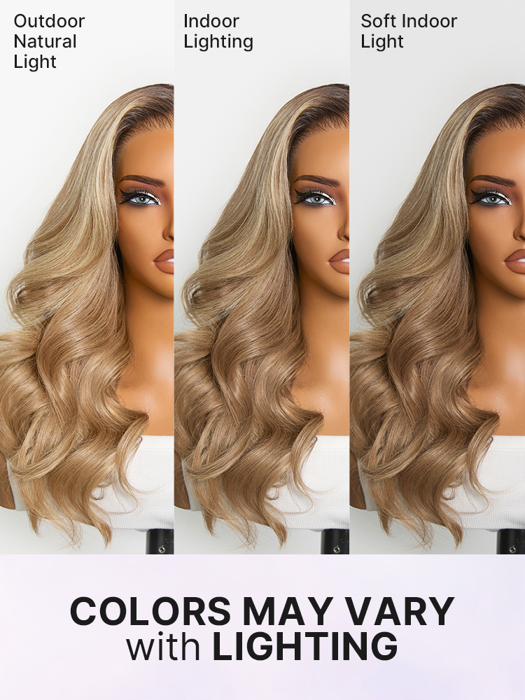 Luvme Hair honey blonde body wave 13x4 lace frontal wig with pre-cut HD lace and 180% density, styled with wavy curls.