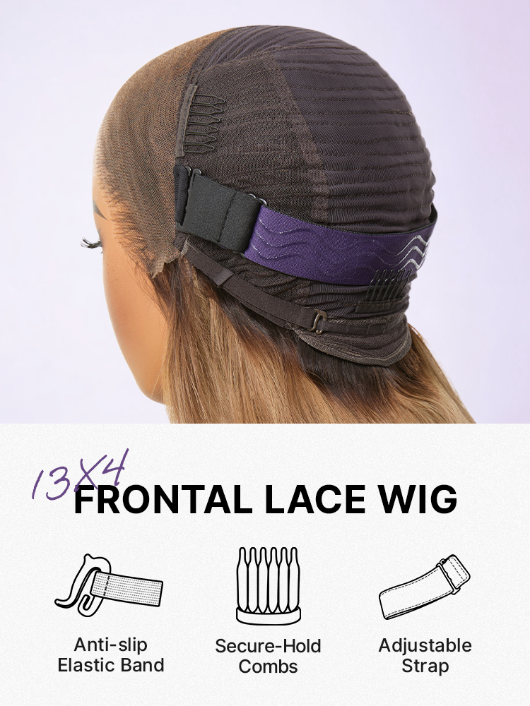 Luvme Hair honey blonde 13x4 frontal HD lace wig with 180% density, body wave, pre-cut lace, and natural hair texture.