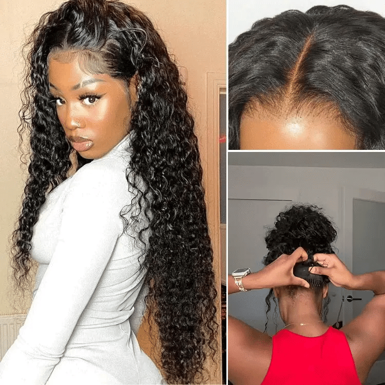 Luvme Hair PreMax 180% density water wave glueless lace frontal wig with curly, fluffy texture and pre-cut lace, adjustable drawstring fit.
