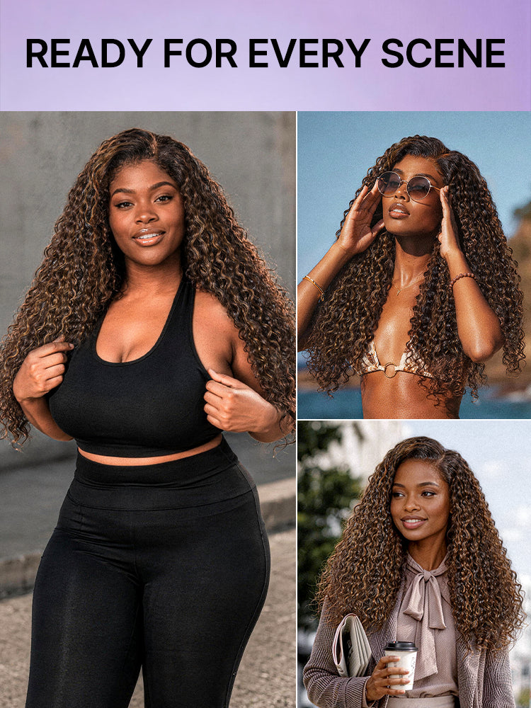 Luvme All-Day Comfort™ 7x6 closure lace wig with curly style, brown highlights, HD lace, glueless, pre-cut lace, Funmi collection
