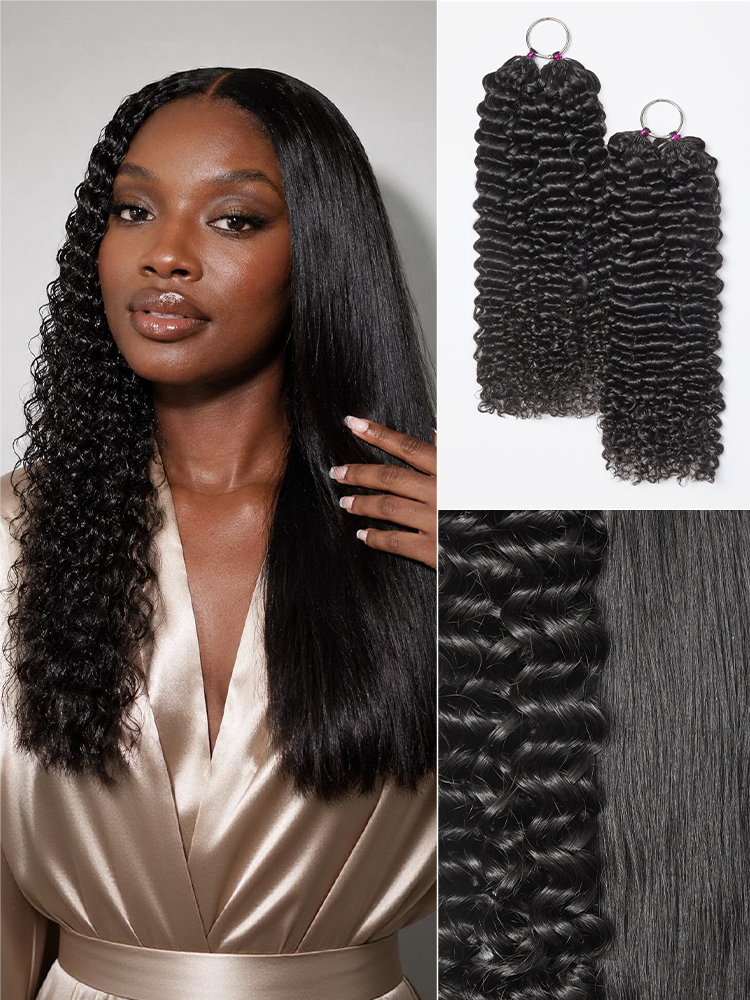 Luvme Hair Readitress Pre-Separated Feather Crochet Human Hair in deep wave and Burmese curly styles for boho braids.