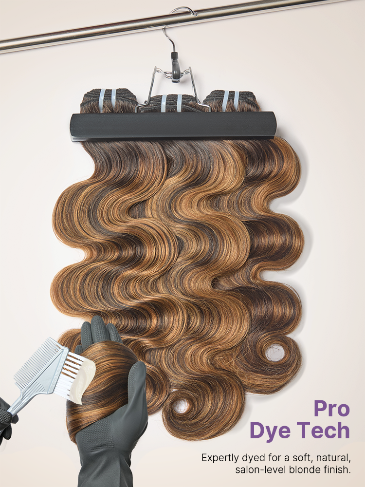 Brown highlight body wave bundles by Luvme Hair, 100% Remy human hair, shown in 1 or 3-piece bundles.