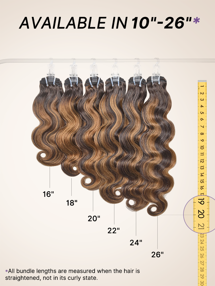 Brown highlight body wave bundles from Luvme Hair, 100% Remy human hair, showing textured waves and natural shine.