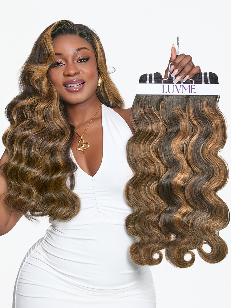 Brown highlight body wave bundles by Luvme Hair, 100% Remy human hair, shown in a set of 1 or 3 bundles.