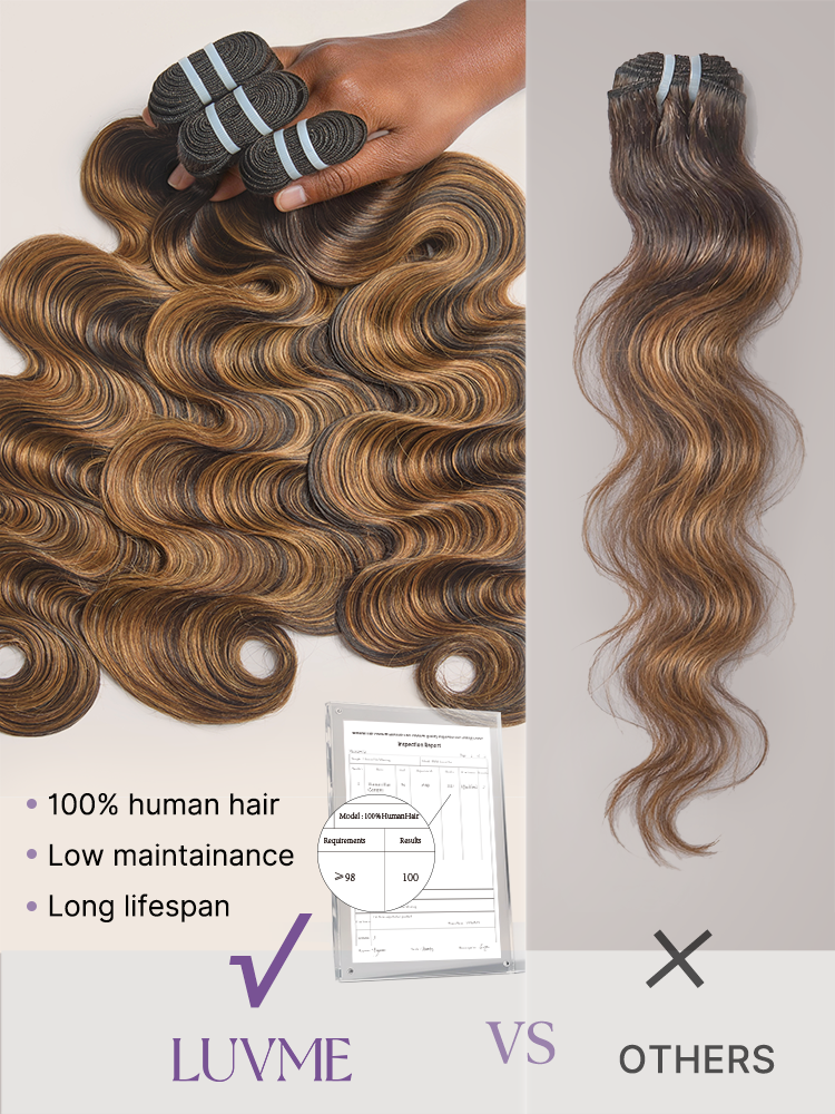 Brown Highlight Body Wave Remy Human Hair Bundles by Luvme Hair, 1 or 3-piece set featuring premium, natural-looking wave texture.