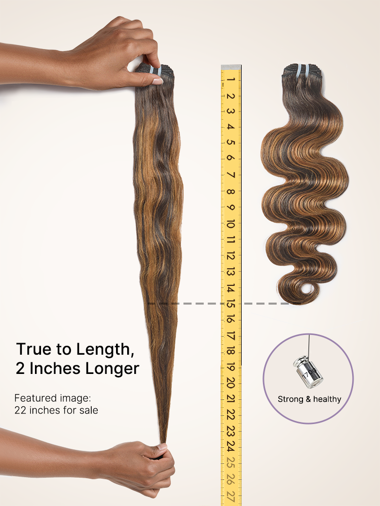 Brown highlight body wave bundles by Luvme Hair, 100% Remy human hair, available in 1 or 3-piece sets, showing wavy hair texture