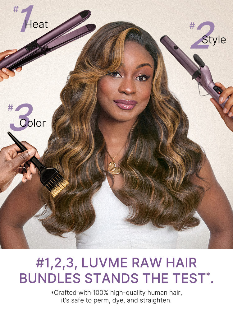 Brown highlight body wave bundles by Luvme Hair, 100% Remy human hair, shown in a close-up of the textured hair bundles.