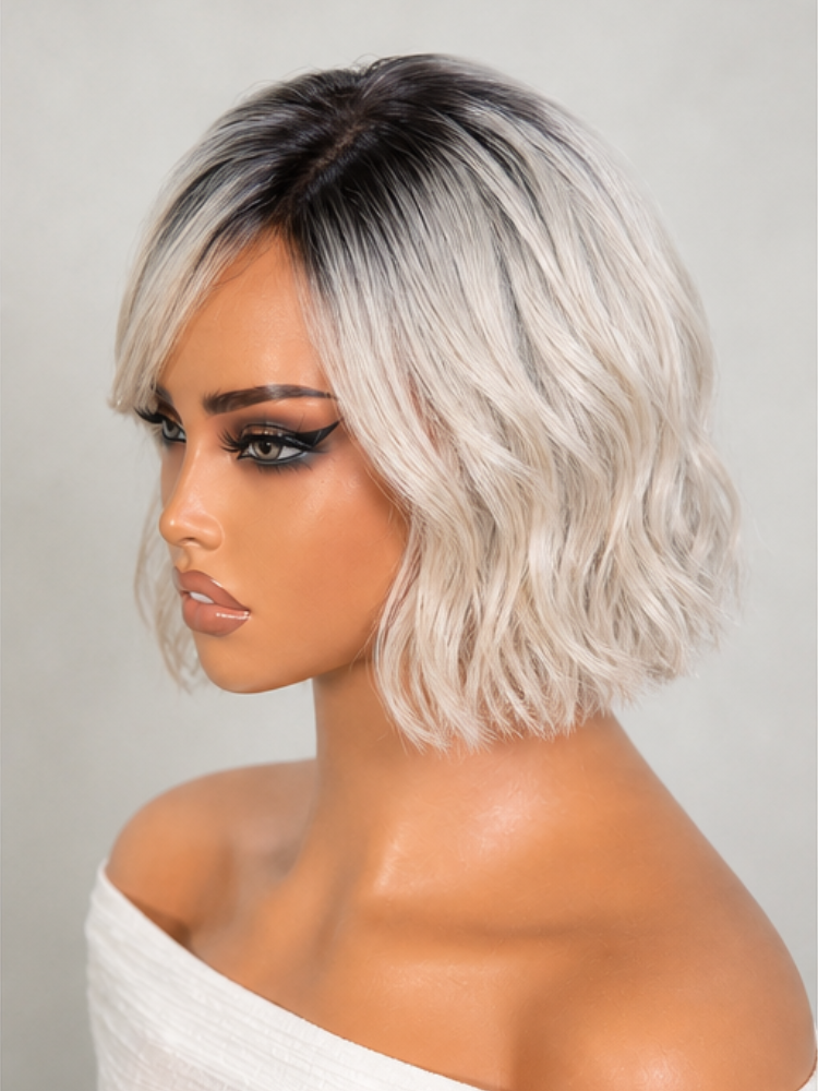 Luvme Hair PreMax Wigs ice platinum blonde bob with dark roots, 13x4 lace frontal, short human hair wig, glueless style