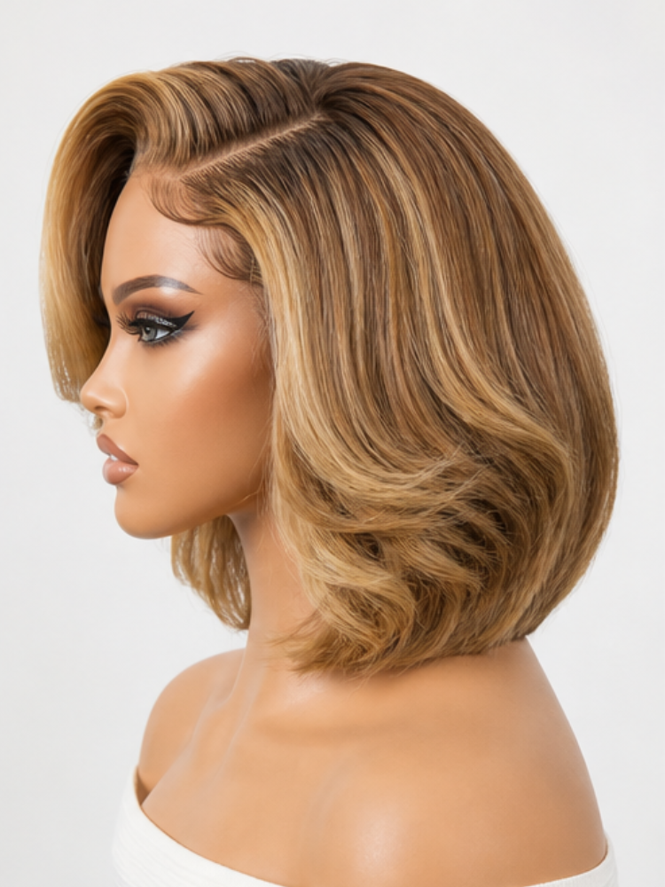 Luvme Hair PreMax wig featuring a natural hairline, golden brown highlights, bob style, glueless 13x4 lace frontal, short human hair wig