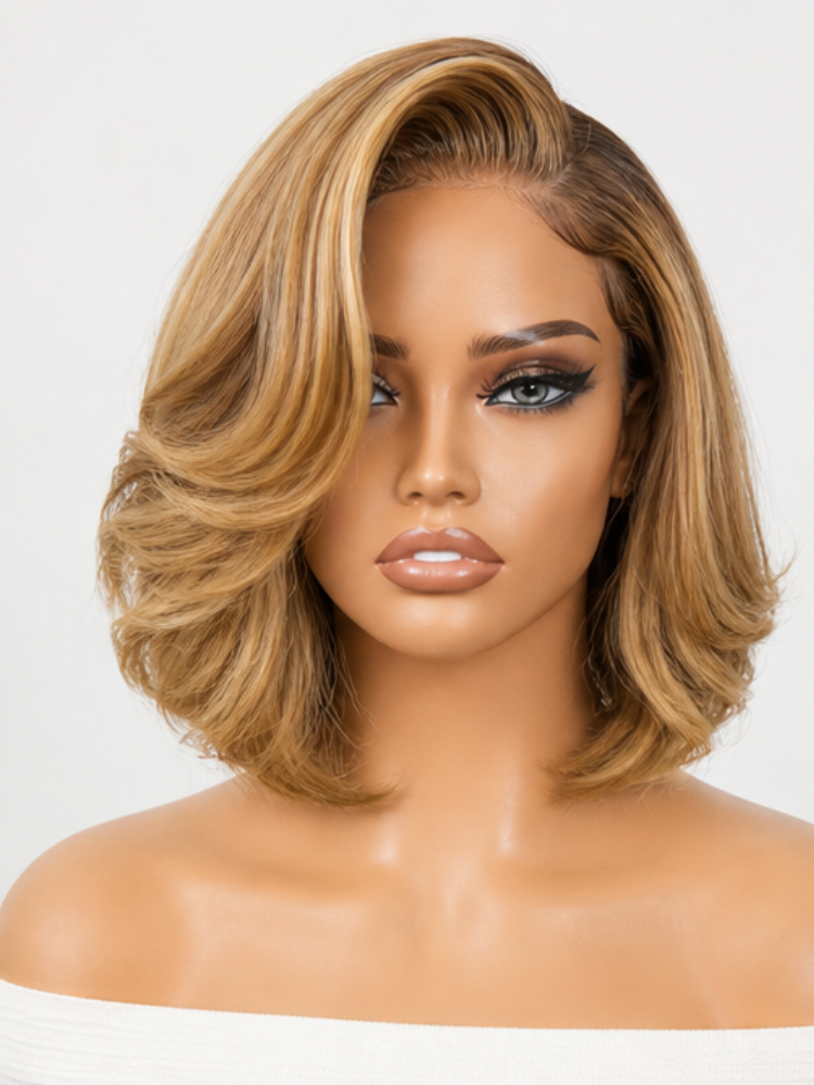 Luvme Hair PreMax Wigs, golden brown highlighted bob wig with natural hairline, glueless 13x4 frontal lace, short human hair wig