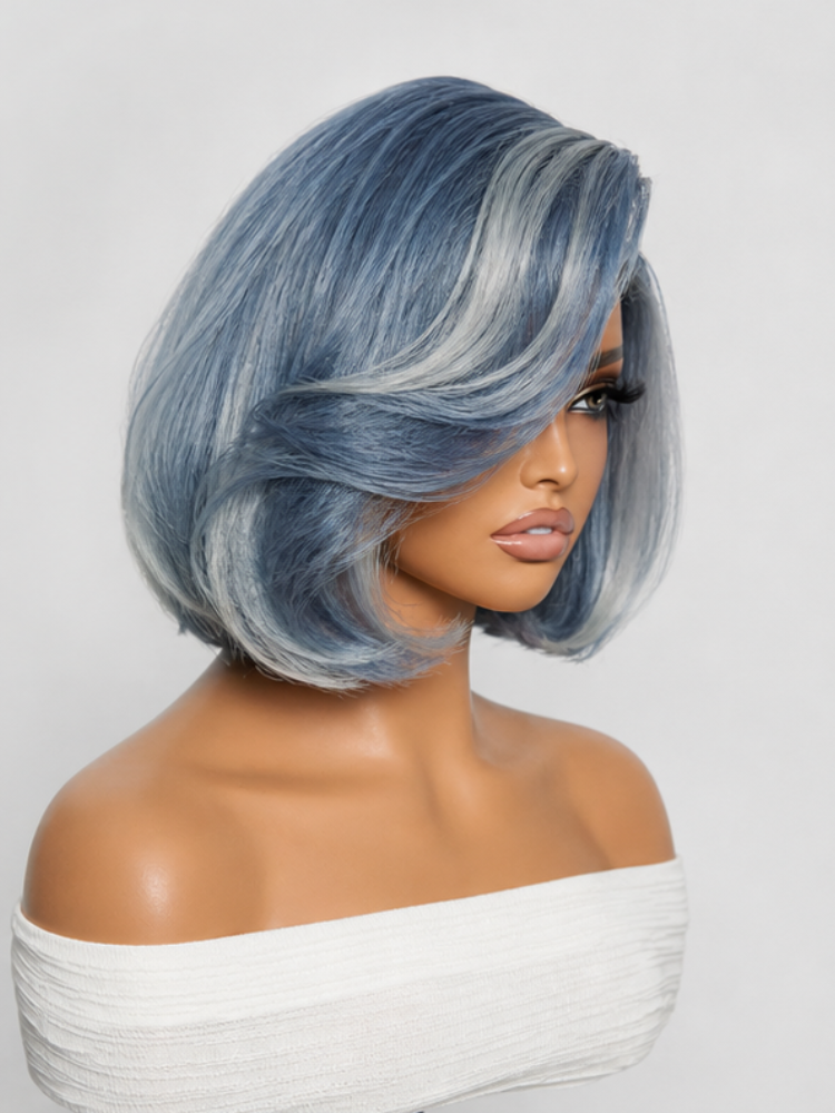 Luvme Hair PreMax Wigs with smoky blue and silver short human hair lace wig, glueless 13x4 frontal style with natural hairline