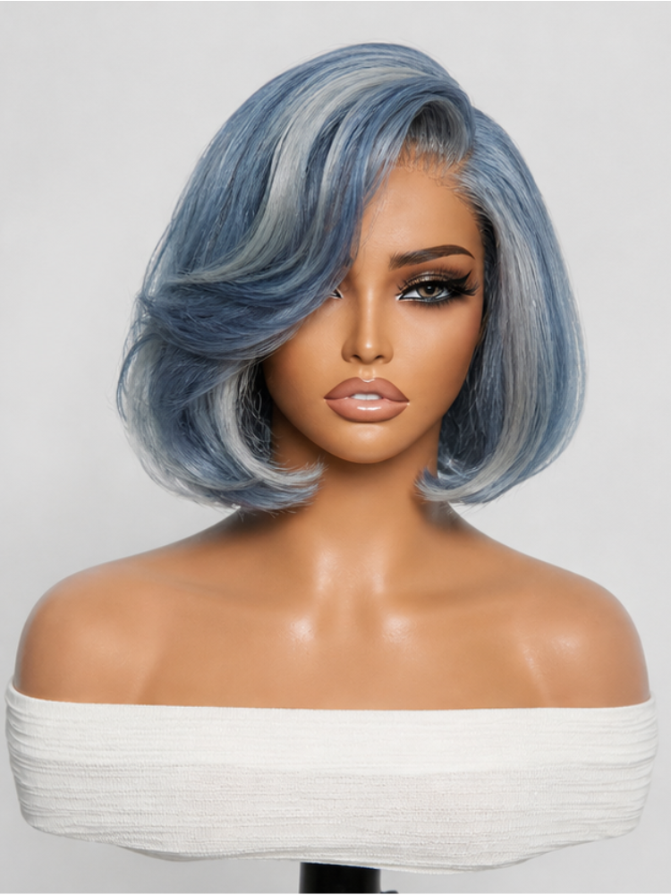 Luvme Hair PreMax Wigs smoky blue and silver short lace human hair wig with natural hairline, 13x4 frontal, glueless style
