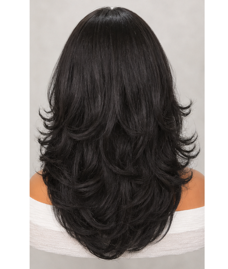 Natural black body wave lace wig with middle part, 5x5 closure, glueless design, and bangs by Luvme