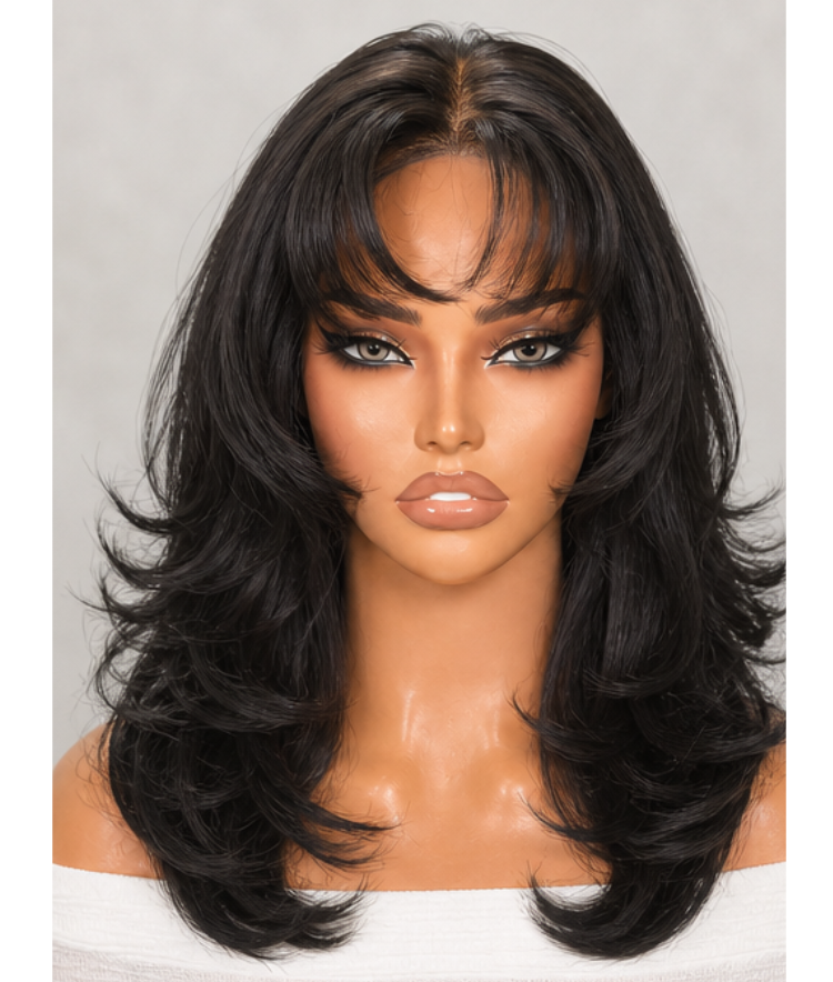 Natural black body wave lace wig with middle part, 5x5 closure, glueless design, and bangs by Luvme, showing the wig's wave pattern and construction.