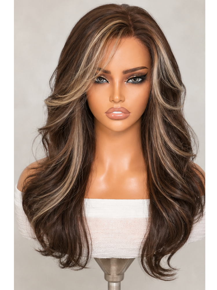 Luvme Hair dark chocolate ash blonde balayage body wave lace wig with pre-cut HD lace closure and glueless design.