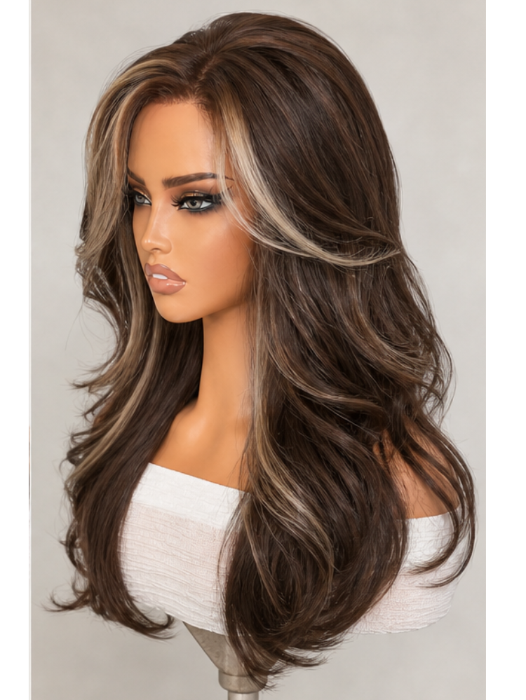Luvme Dark Chocolate Base Ash Blonde Money Piece Balayage Body Wave 7x6 HD Lace Closure Wig showing parting and pre-cut lace