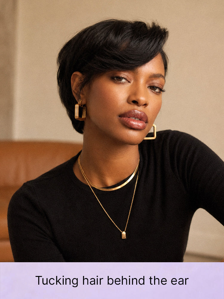 Luvme Hair natural black layered short pixie cut lace wig with pre-cut lace, minimalist and elegant HD lace for a sleek style.