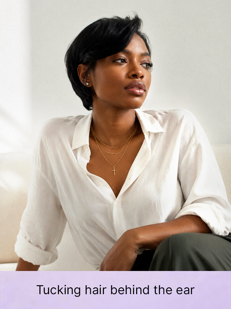 Elegant natural black layered short pixie cut HD lace wig by Luvme Hair, showcasing a minimalist style and pre-cut lace detail.
