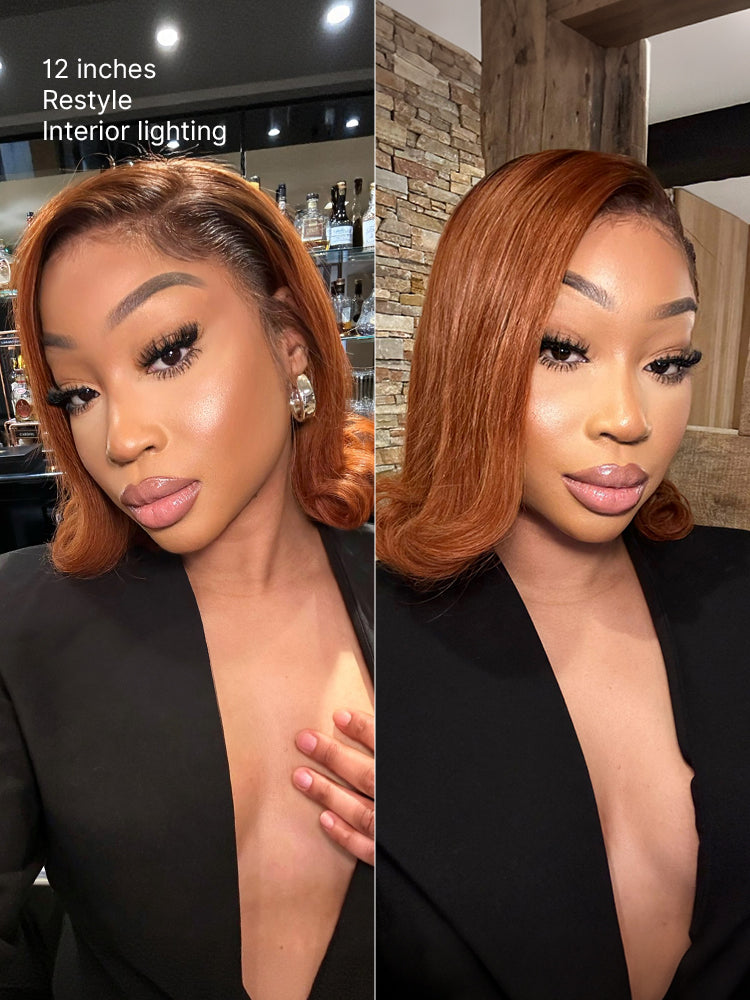 Luvme Hair ginger ombre 13x4 lace front glueless blunt cut bob human hair wig, showing the lace front and vibrant color.