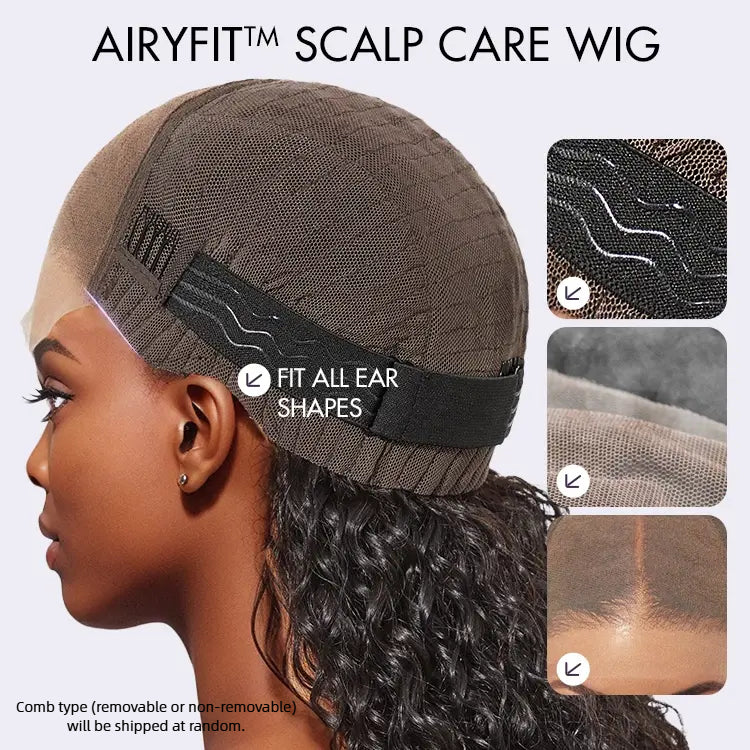 Luvme Hair AiryFit™ water wave scalp care wig with 5x5 lace closure, curly texture, snug fit, glueless design, pre-cut lace.