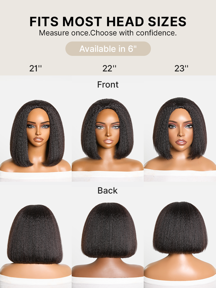 3-In-1 Half Wig 180% Density Kinky Straight Bob Glueless Flexi-Fit Drawstring Wig-24