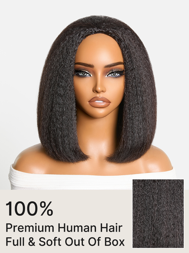 Luvme Hair 3-in-1 kinky straight bob wig with 180% density, glueless flexi-fit drawstring design, natural-looking hairstyle